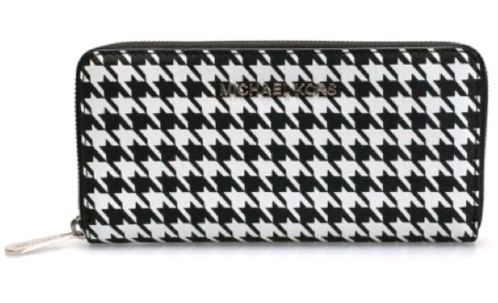 Michael Kors Jet Set Travel Houndstooth Zip Around Wallet Black White